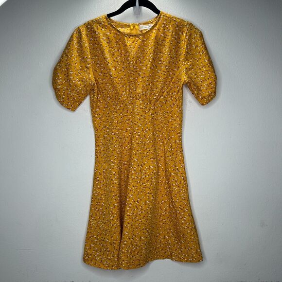 Tu by Catu Mustard Yellow White Brown Floral Short Sleeve High Neck Mini Dress - Picture 1 of 8